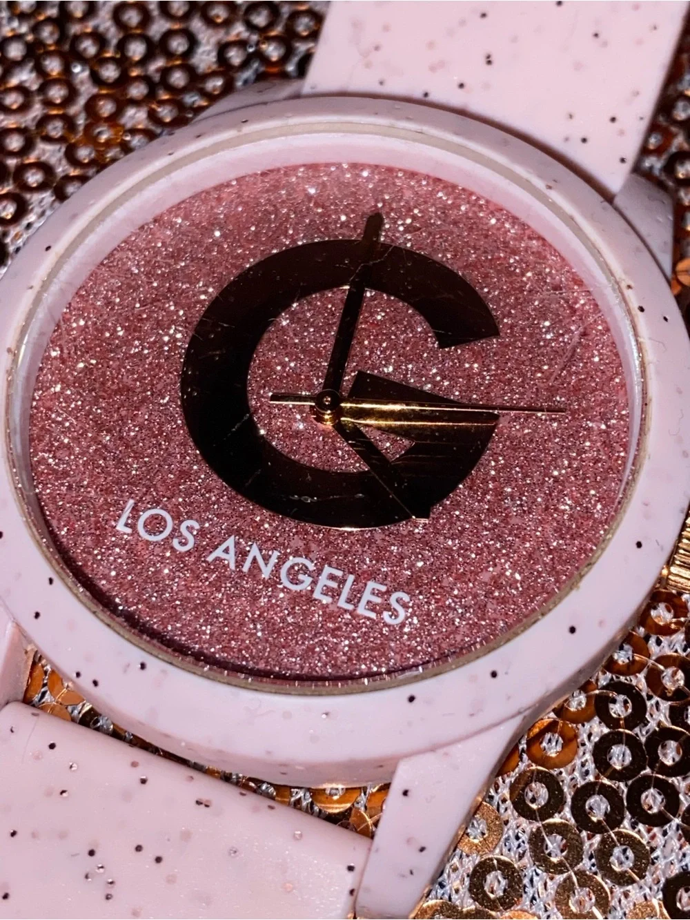 Guess G Los Angeles Pink Glitter Logo Watch-Blush Speckled Strap-Y2K Glam